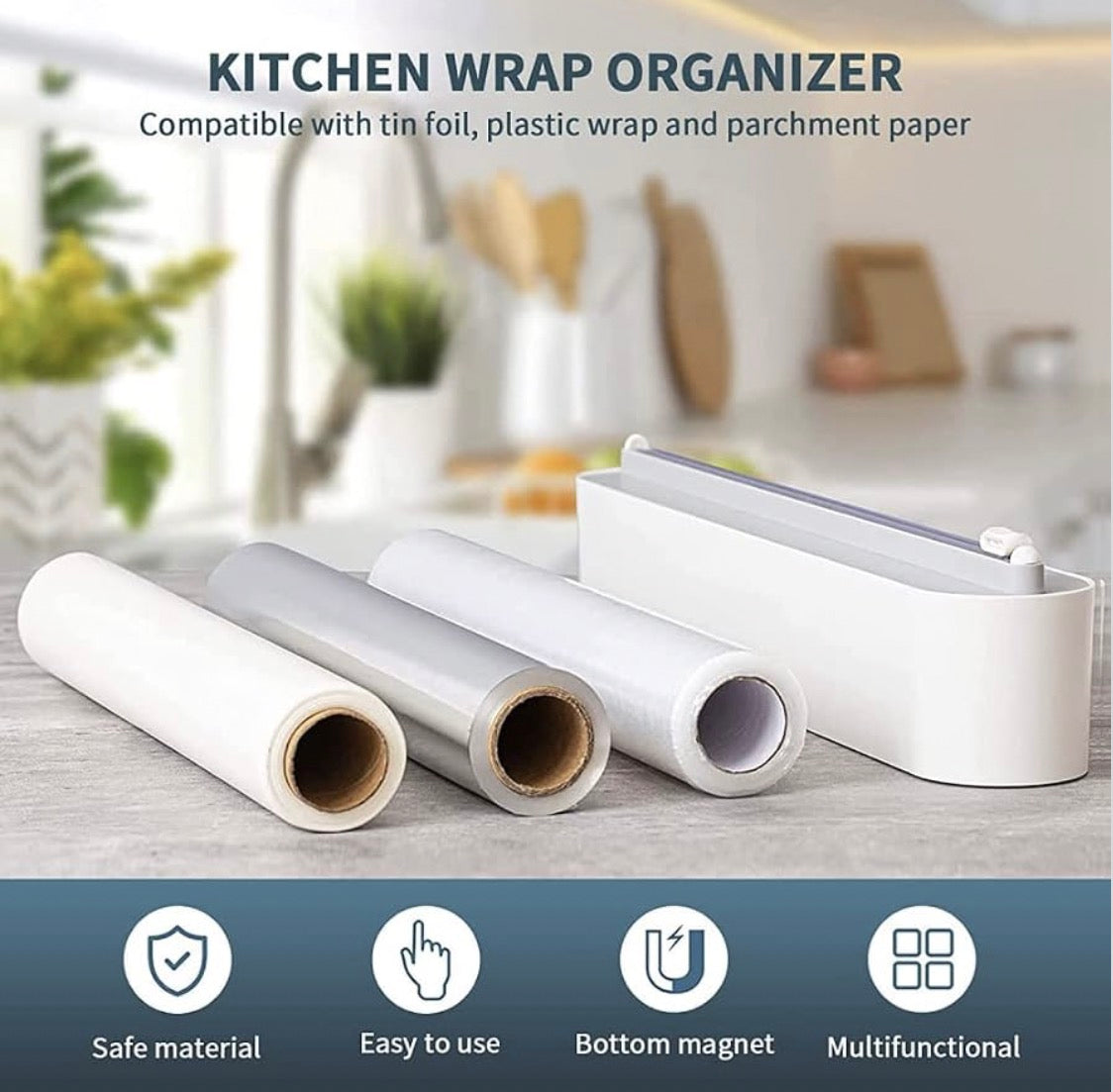 Refillable Magnetic Plastic Wrap Dispenser With Slide Cutter, Sturdy Food Cling Film Cutter, Press and Seal Wrap, 12" x 328' Roll BPA Free