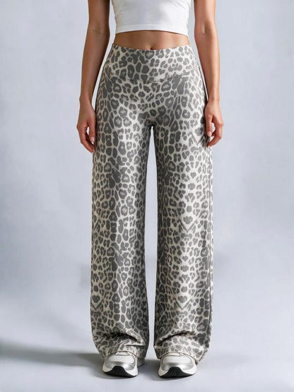 Women’s Minimalist Leopard Print Mid-Rise Wide-Leg Casual Pants