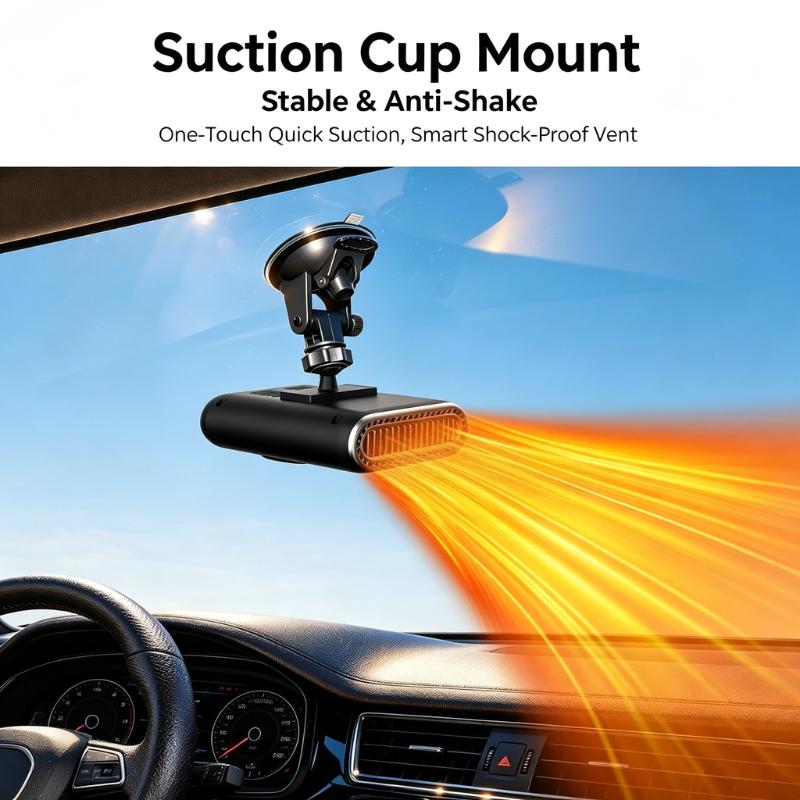 12V Portable Car Heater & Defogging Fan – 120W Three-Setting Dashboard Heater with Adjustable Mount for Winter Driving