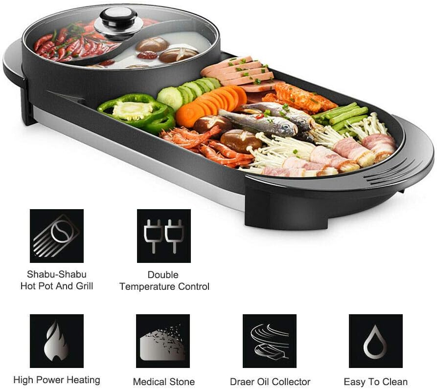 2 in 1 Hot Pot & BBQ Grill, 220V Dual Side Non-Stick Teppanyaki Pan with Adjustable Temperature, Divider Hot Pot & Grill Combo for Family Party...
