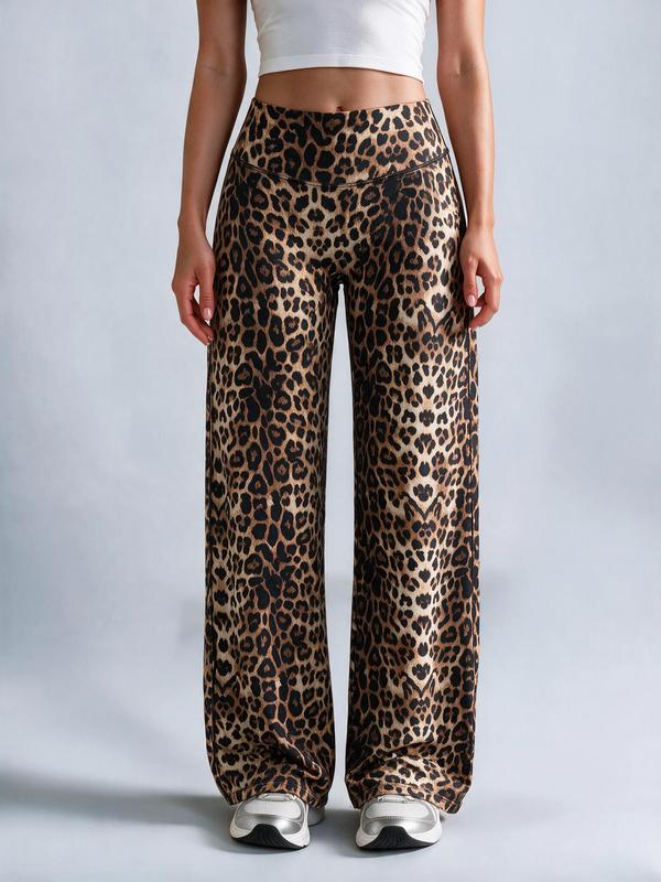 Women’s Minimalist Leopard Print Mid-Rise Wide-Leg Casual Pants