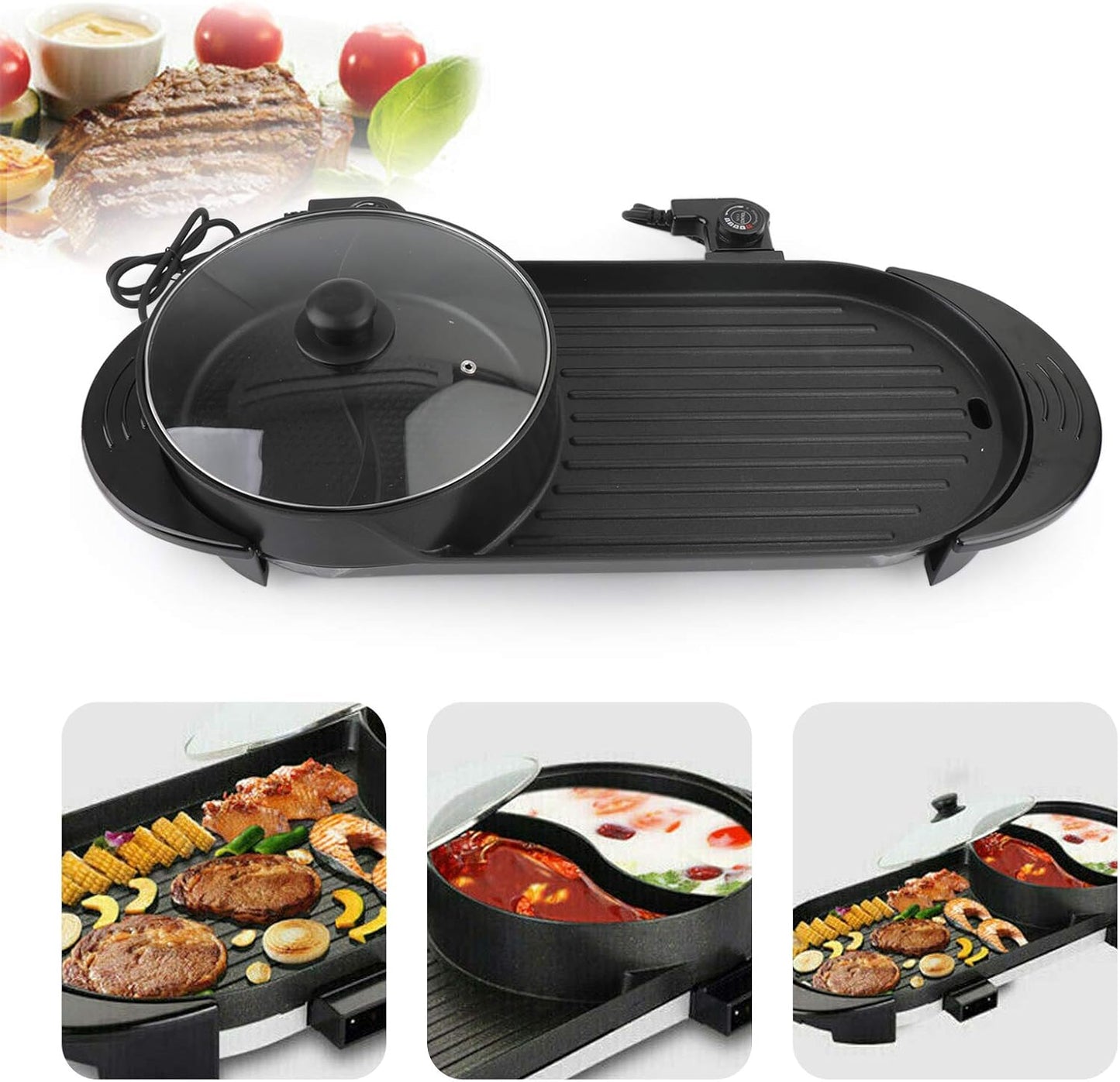2 in 1 Hot Pot & BBQ Grill, 220V Dual Side Non-Stick Teppanyaki Pan with Adjustable Temperature, Divider Hot Pot & Grill Combo for Family Party...