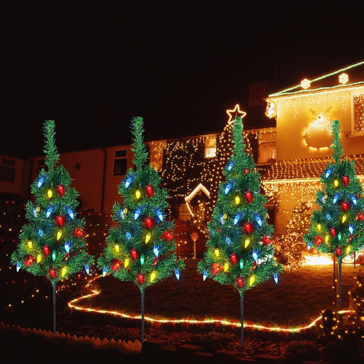 Solar Christmas Tree Garden Stake 4 Pack Outdoor Christmas Trees for Yard