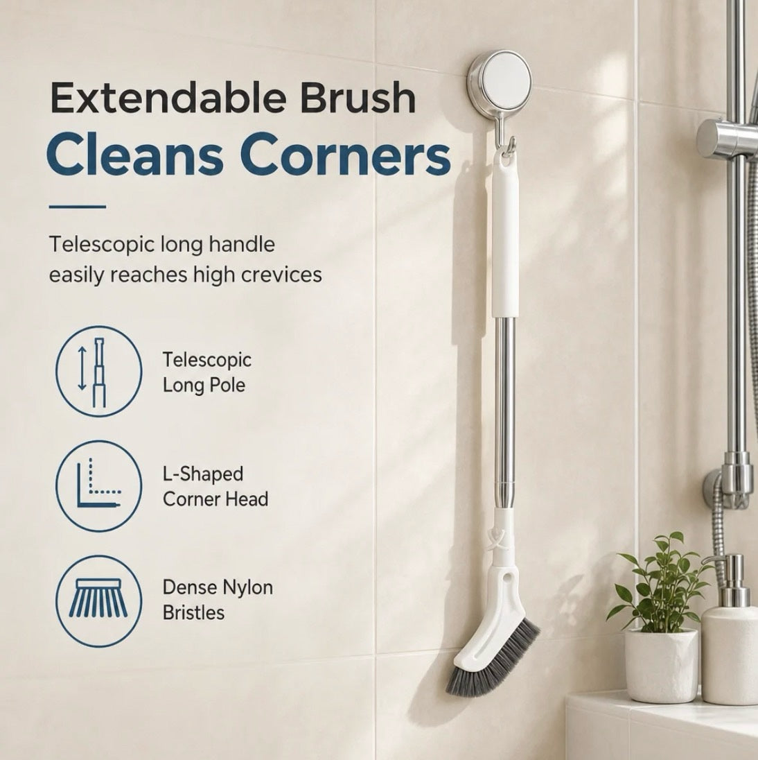 Adjustable Length Stainless Steel Telescopic Long Handle Crevice Cleaning Brush, Narrow Gap Cleaner for Bathroom, Hard-to-Reach Spaces