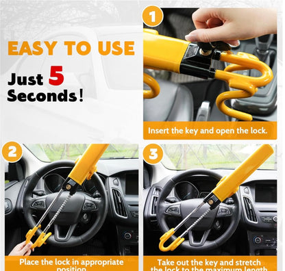 Steering Wheel Lock Twin Bar, Steering Lock, Car Anti-Theft Device, High Visibility, Heavy Duty, Universal Fit, Adjustable Length,3 Keys(Yellow)