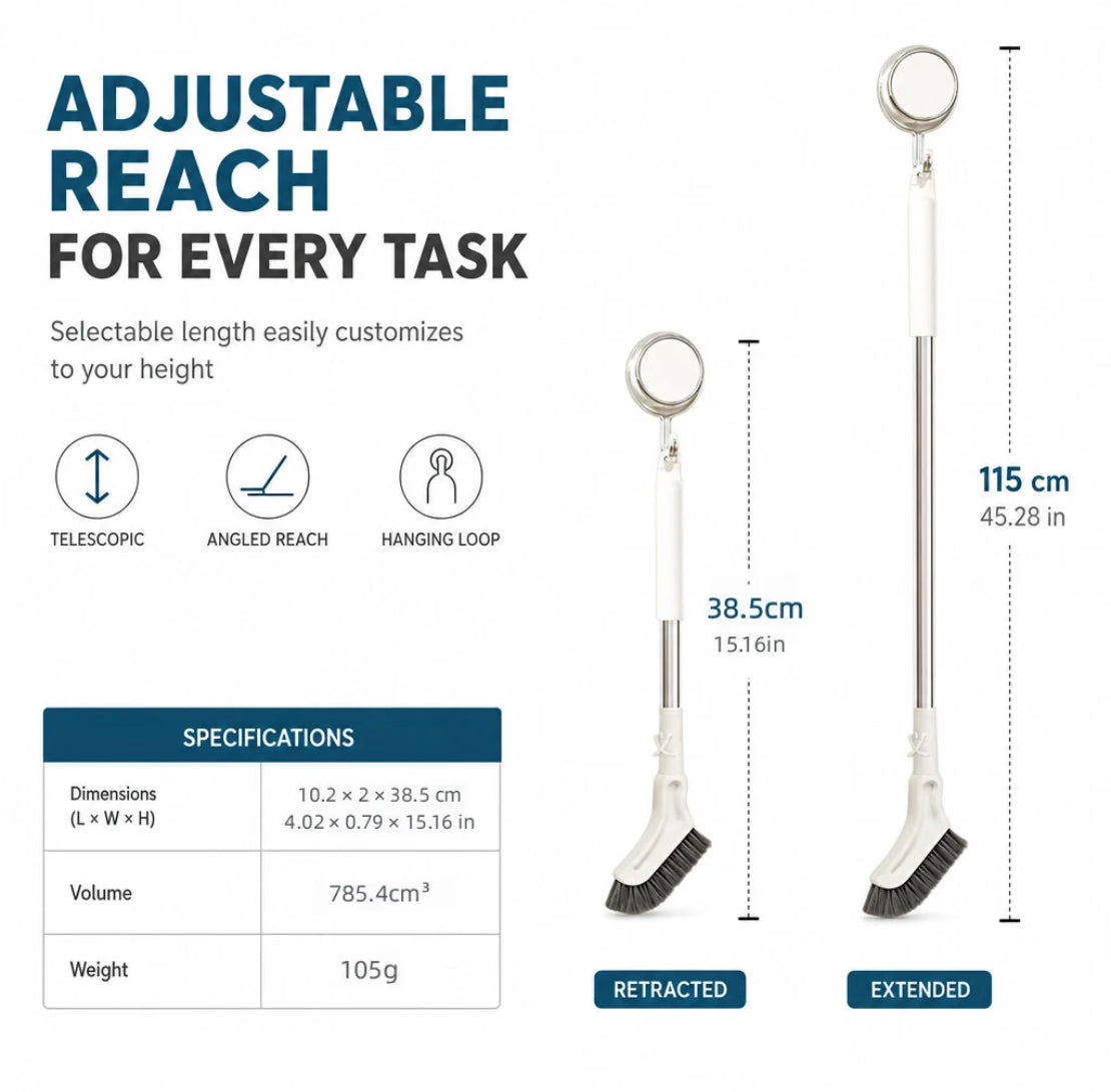 Adjustable Length Stainless Steel Telescopic Long Handle Crevice Cleaning Brush, Narrow Gap Cleaner for Bathroom, Hard-to-Reach Spaces