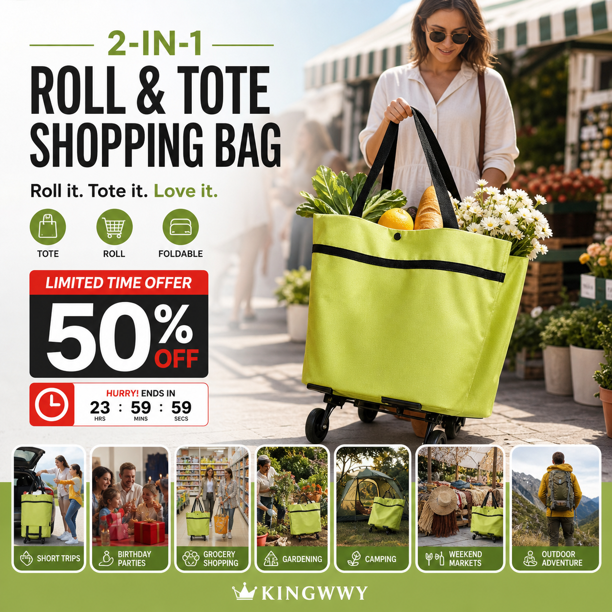 3 in 1 Portable Shopping Cart Foldable Grocery Trolley Lightweight with Wheels