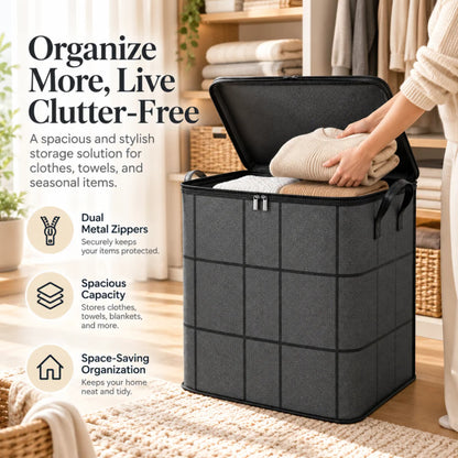 Large Zippered Reinforced Foldable Fabric Organizer Bin with Reliable Closure, Spacious Household Carryall for Bedding and Apparel, Ideal for Closet Storage and Moving Prep,sohochic.