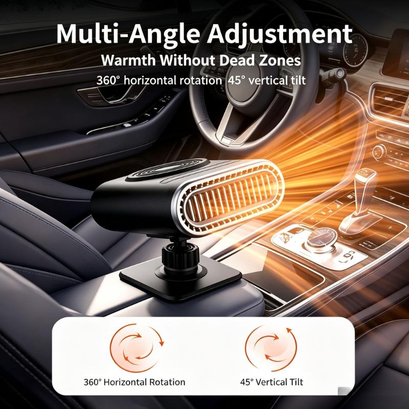 12V Portable Car Heater & Defogging Fan – 120W Three-Setting Dashboard Heater with Adjustable Mount for Winter Driving