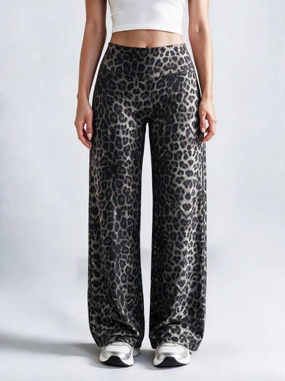 Women’s Minimalist Leopard Print Mid-Rise Wide-Leg Casual Pants