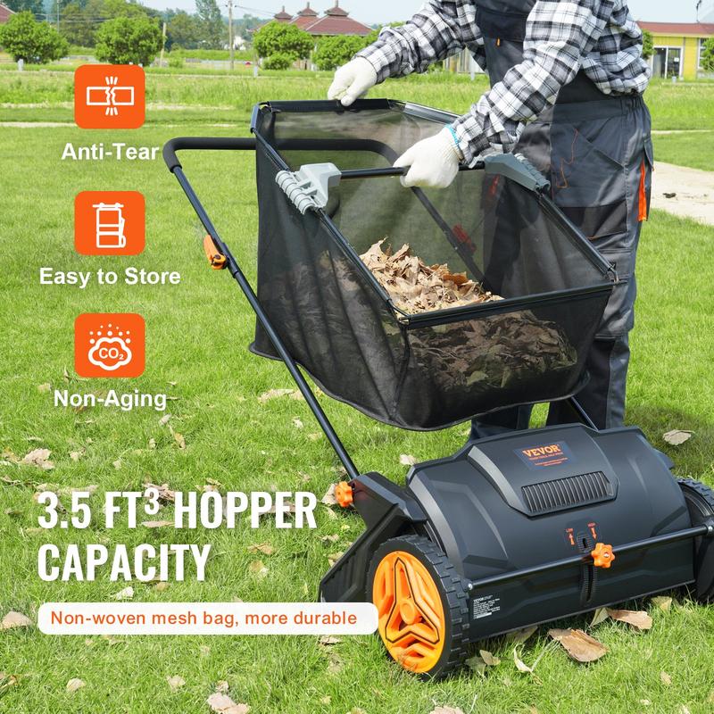 21-inch Leaf & Grass Collector, Strong Rubber Wheels & Heavy Duty Thickened Steel Durable To Use With Large Capacity 3.5 Cu. Ft. Mesh Collection Hopper Bag, 2 Spinning Brushes